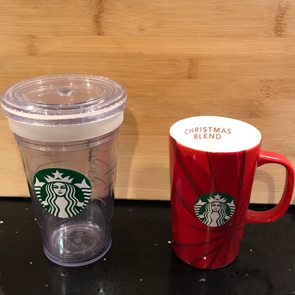 Two Starbucks Christmas red coffee cup & plastic tumbler - Picture 1 of 2